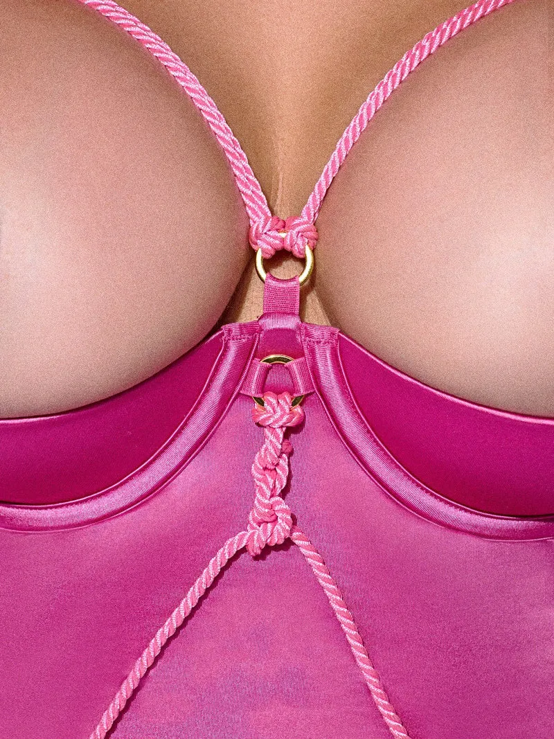 Iryna Seidensatin-Teddy-Dessous mit offenen Cups, Seilbändern, offenem Zwickel und offenem Schritt