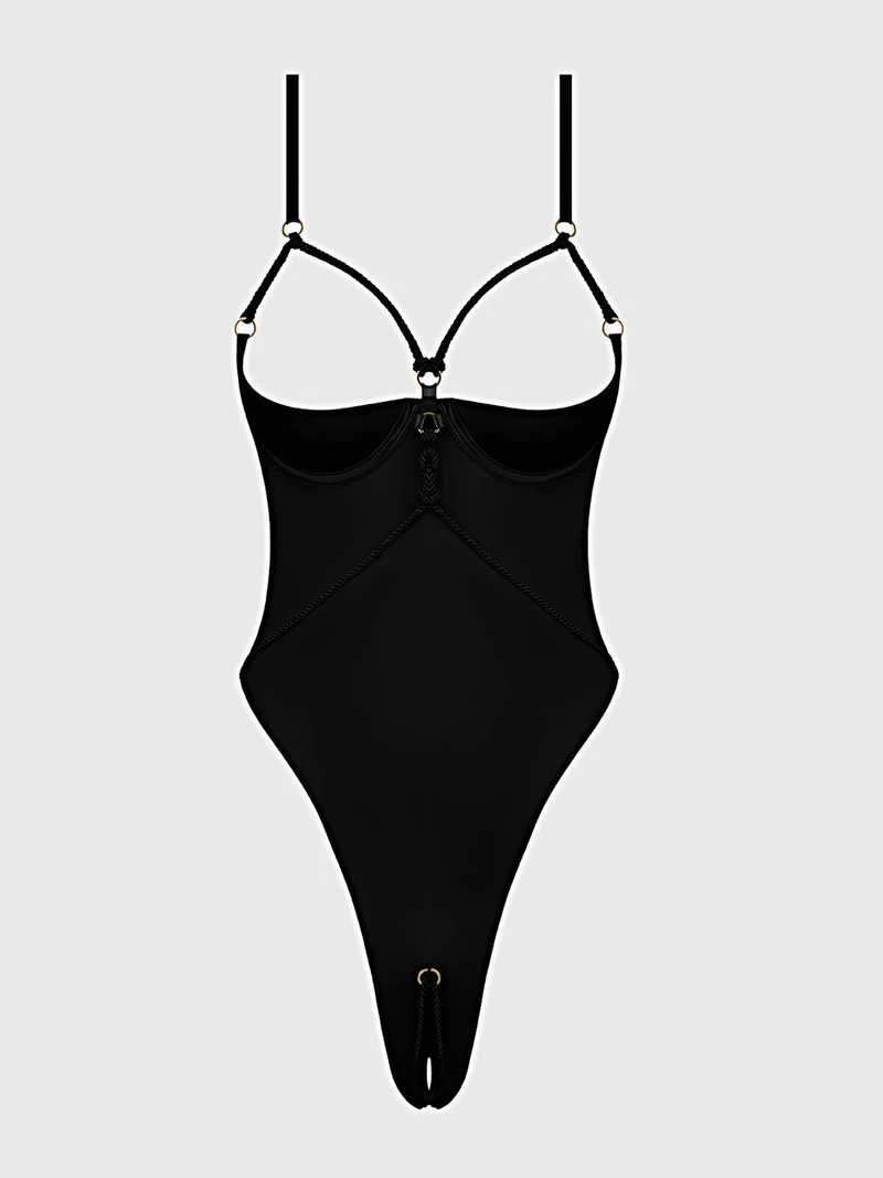 Iryna Seidensatin-Teddy-Dessous mit offenen Cups, Seilbändern, offenem Zwickel und offenem Schritt