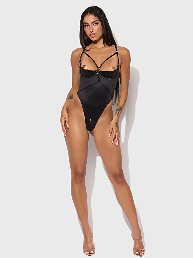 Iryna Seidensatin-Teddy-Dessous mit offenen Cups, Seilbändern, offenem Zwickel und offenem Schritt