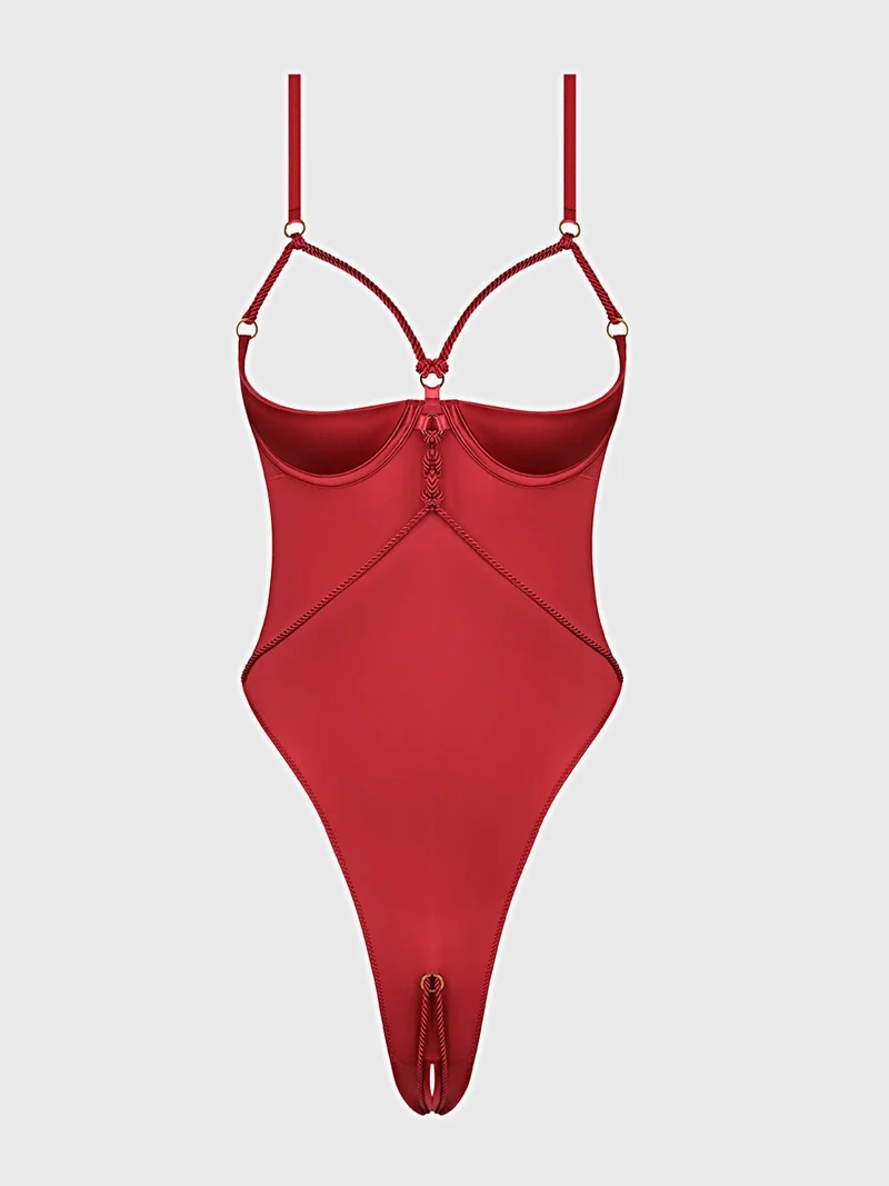 Iryna Seidensatin-Teddy-Dessous mit offenen Cups, Seilbändern, offenem Zwickel und offenem Schritt