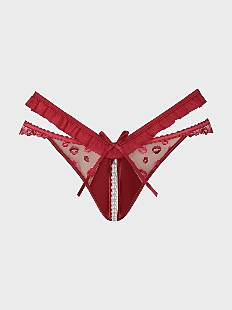 Angelina Lips Pearl Schrittloser Slip – Transparente Spitze mit abnehmbarer Perlenkette