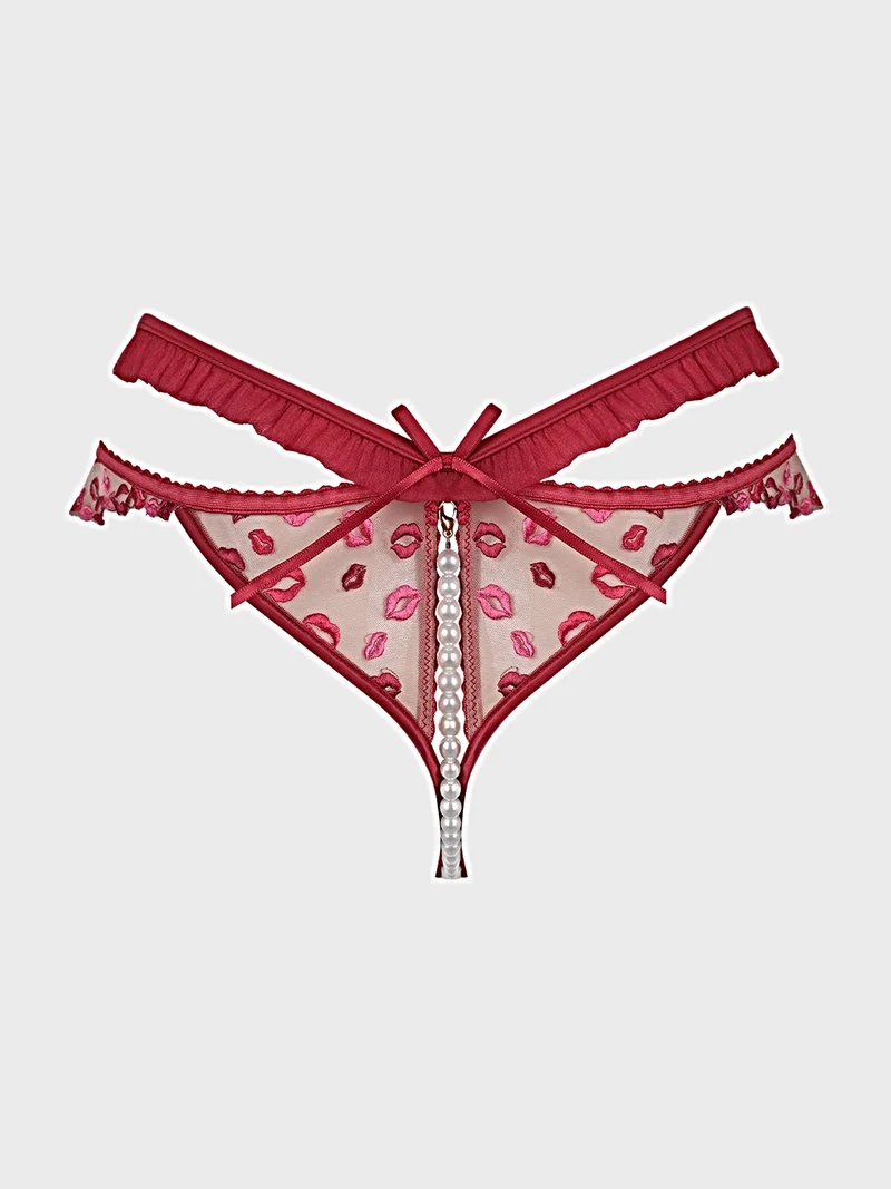 Angelina Lips Pearl Schrittloser Slip – Transparente Spitze mit abnehmbarer Perlenkette