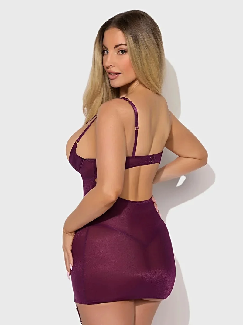 Yasmine Glitzer-Mesh-Hemdchen-Dessous-Set mit Strass-O-Ring-Brust- und Oberschenkelstrumpfhaltern