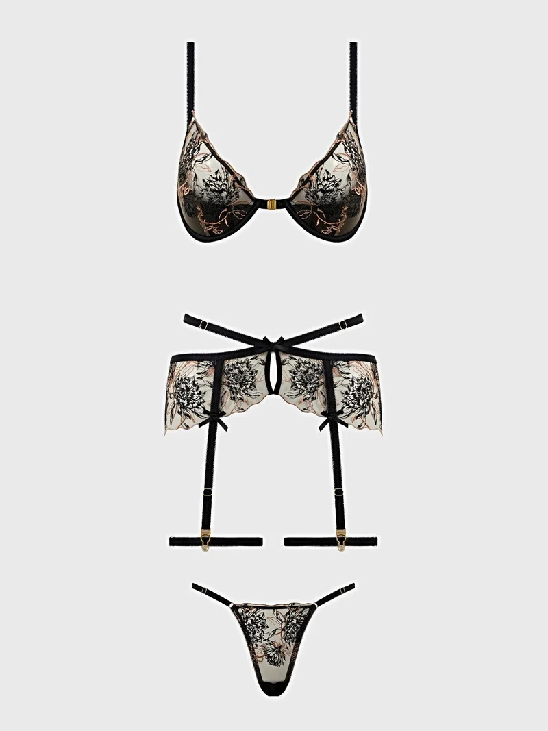 Delilah besticktes Dessous-Set – Push-up-BH aus transparenter Spitze, Strumpfhalter und String