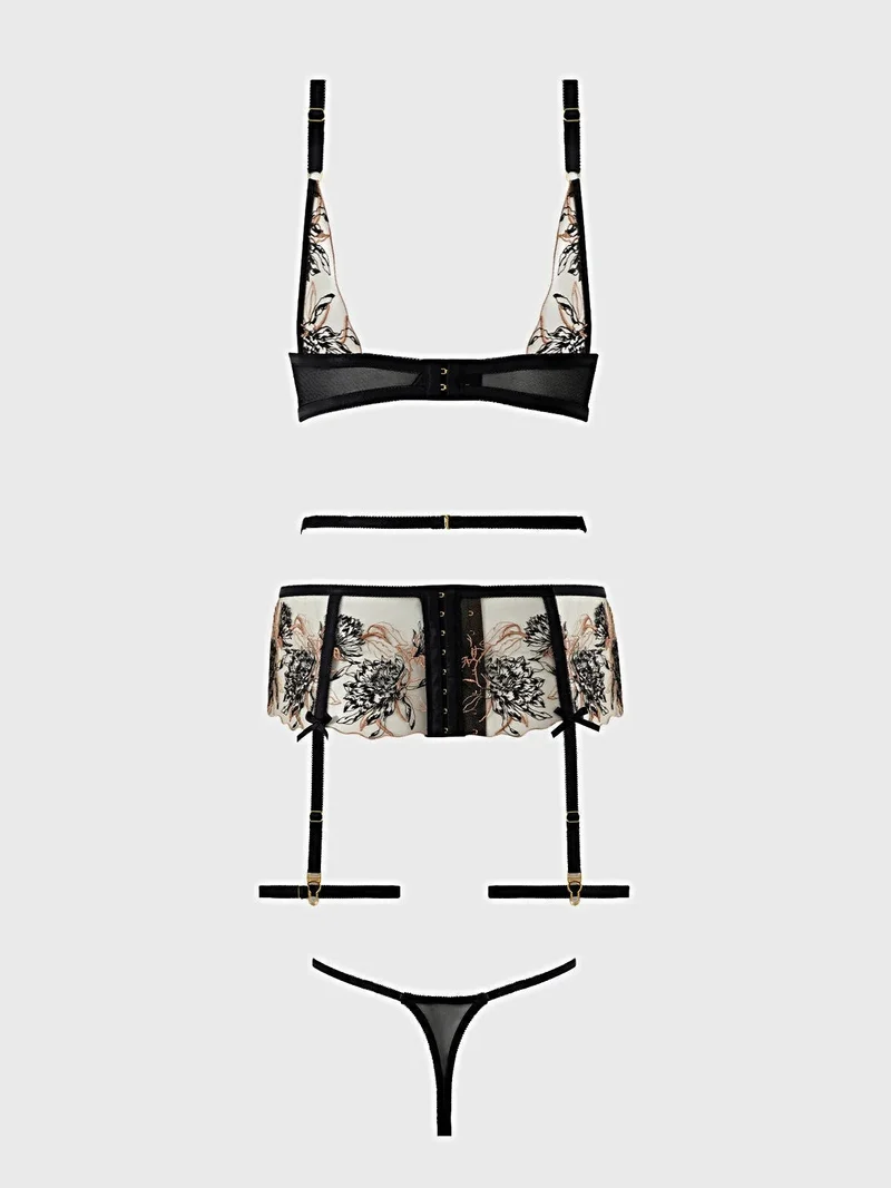 Delilah besticktes Dessous-Set – Push-up-BH aus transparenter Spitze, Strumpfhalter und String