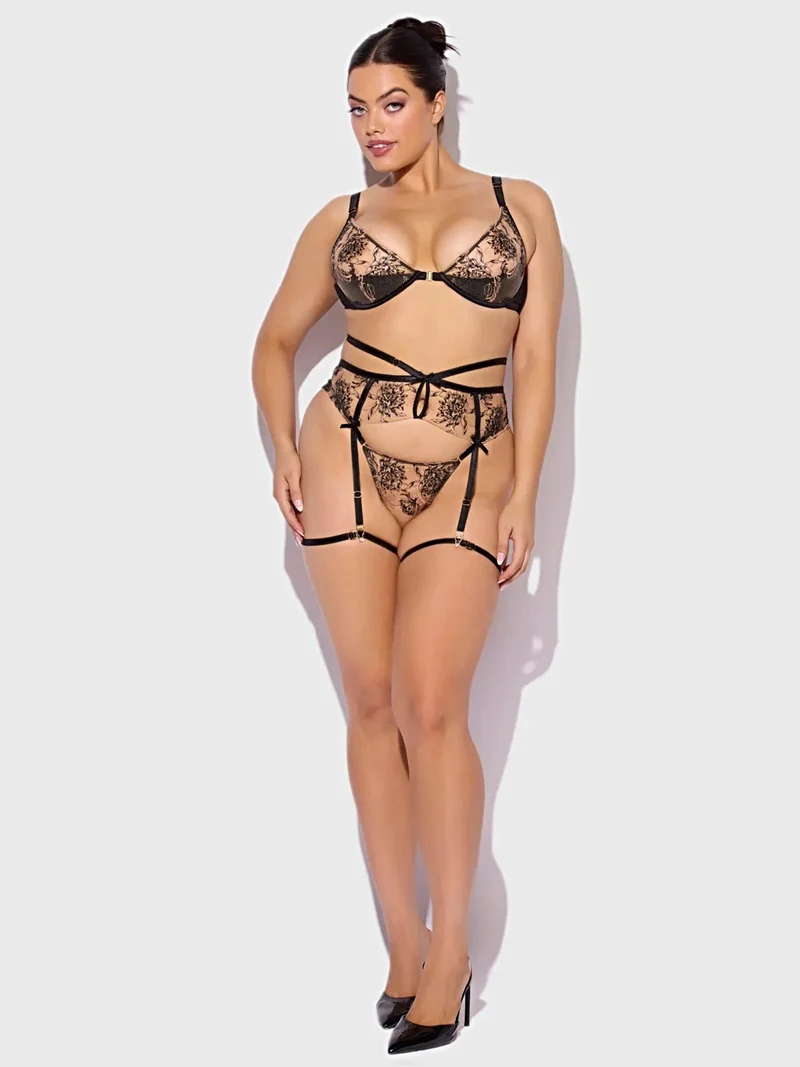 Delilah besticktes Dessous-Set – Push-up-BH aus transparenter Spitze, Strumpfhalter und String