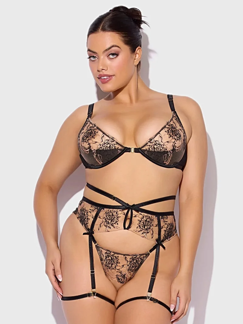 Delilah besticktes Dessous-Set – Push-up-BH aus transparenter Spitze, Strumpfhalter und String