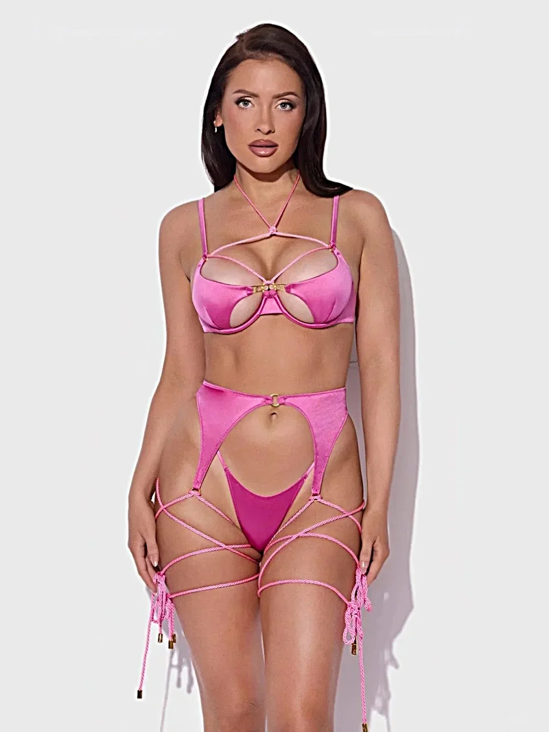 Iryna Luxus-Dessous-Set mit offenen Cups – Seidiger Satin-BH mit Seilsaum, Strumpfhalter und String