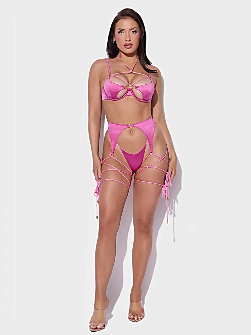 Iryna Luxus-Dessous-Set mit offenen Cups – Seidiger Satin-BH mit Seilsaum, Strumpfhalter und String
