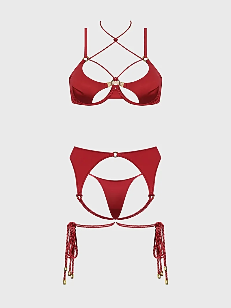 Iryna Luxus-Dessous-Set mit offenen Cups – Seidiger Satin-BH mit Seilsaum, Strumpfhalter und String