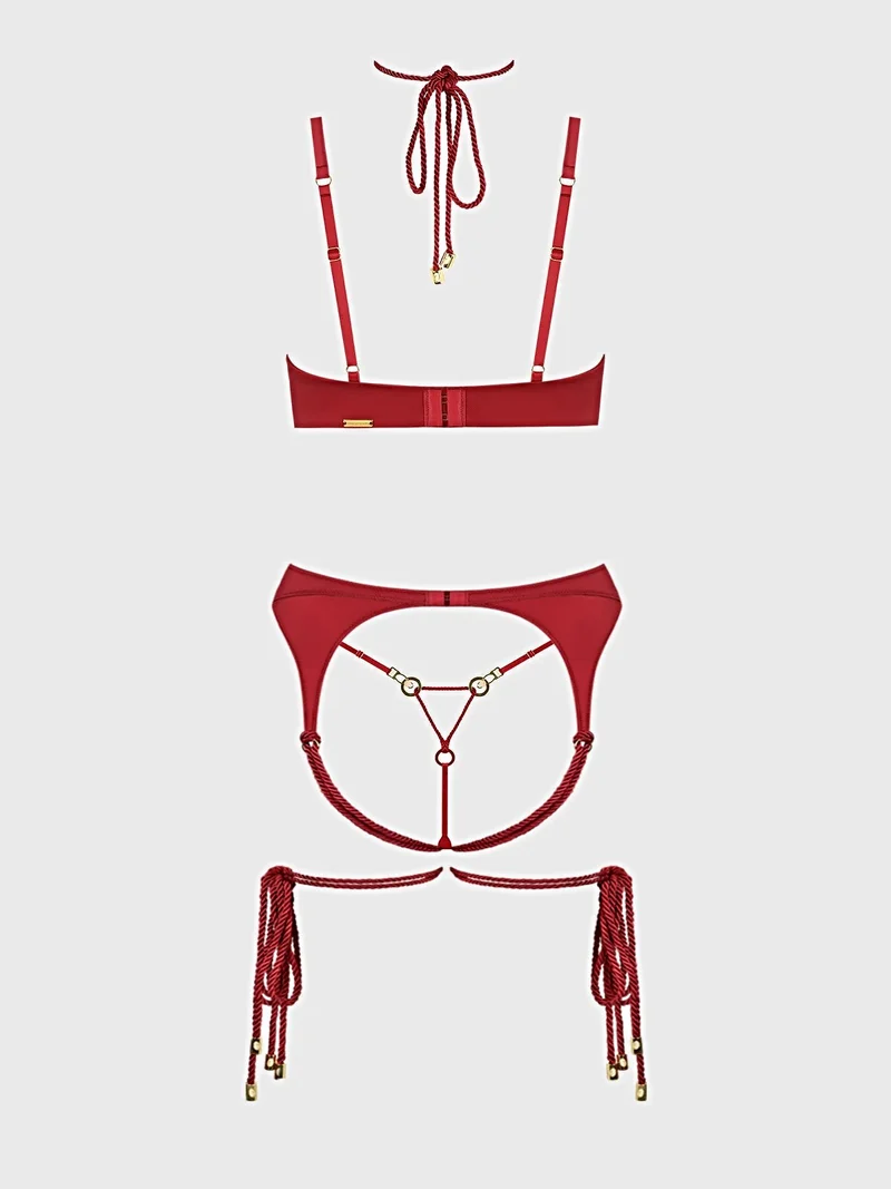 Iryna Luxus-Dessous-Set mit offenen Cups – Seidiger Satin-BH mit Seilsaum, Strumpfhalter und String