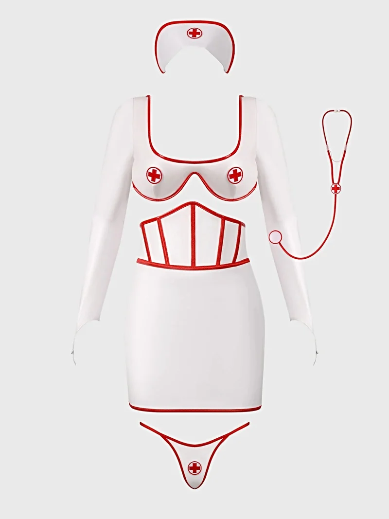 Sexy Krankenschwester-Kostüm, 5-teiliges Set mit Bügel-BH, rückenfreiem Rock, String und Accessoires