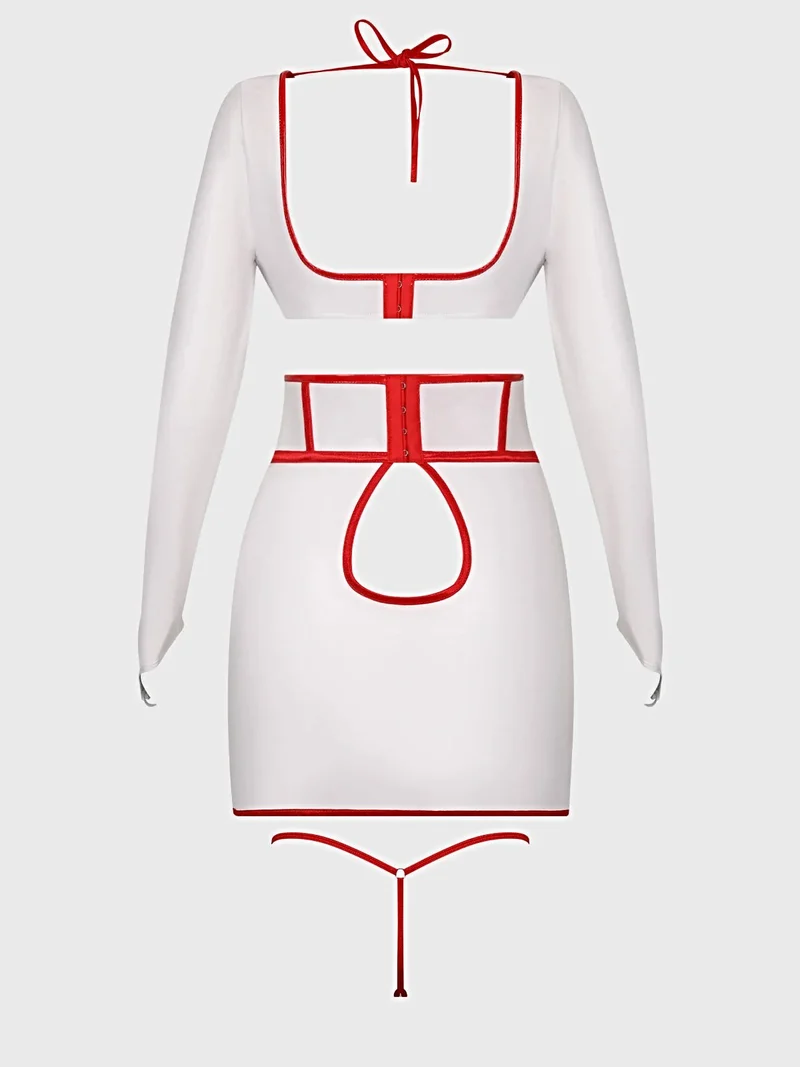 Sexy Krankenschwester-Kostüm, 5-teiliges Set mit Bügel-BH, rückenfreiem Rock, String und Accessoires