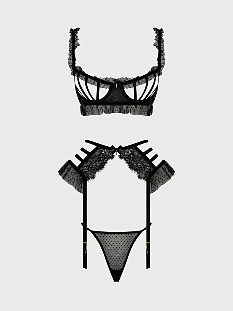 Portia Swiss Dot Dessous-Set – BH mit Cut-out, Strumpfhalter und String mit Rüschen-Mesh