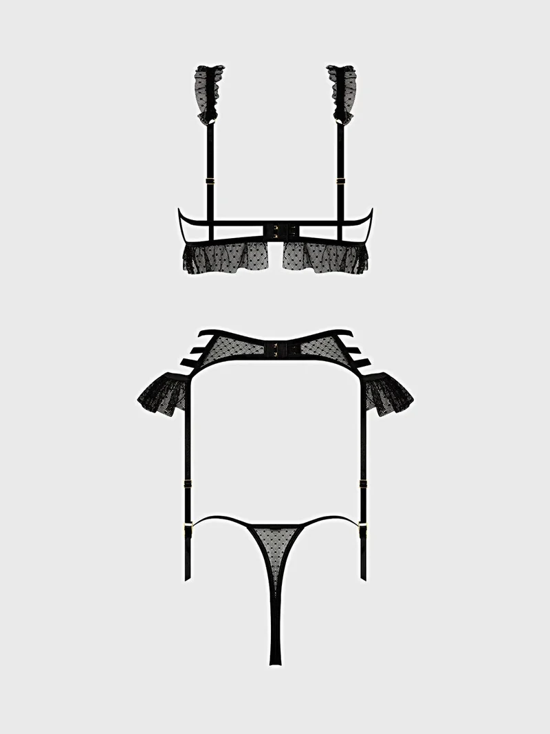Portia Swiss Dot Dessous-Set – BH mit Cut-out, Strumpfhalter und String mit Rüschen-Mesh
