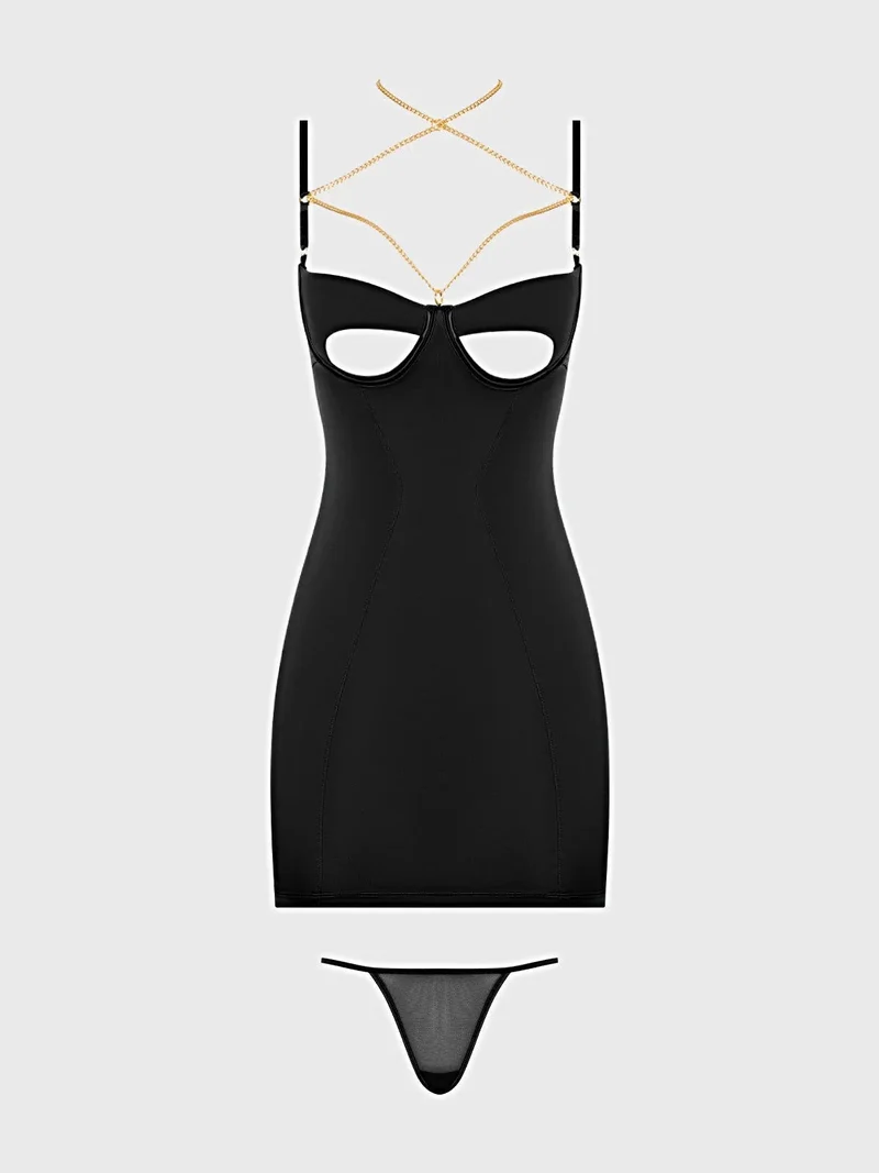 Evangeline Satin-Chemise-Dessous-Set mit Ketten-Cutout-Cups und transparentem G-String mit offenem Rücken
