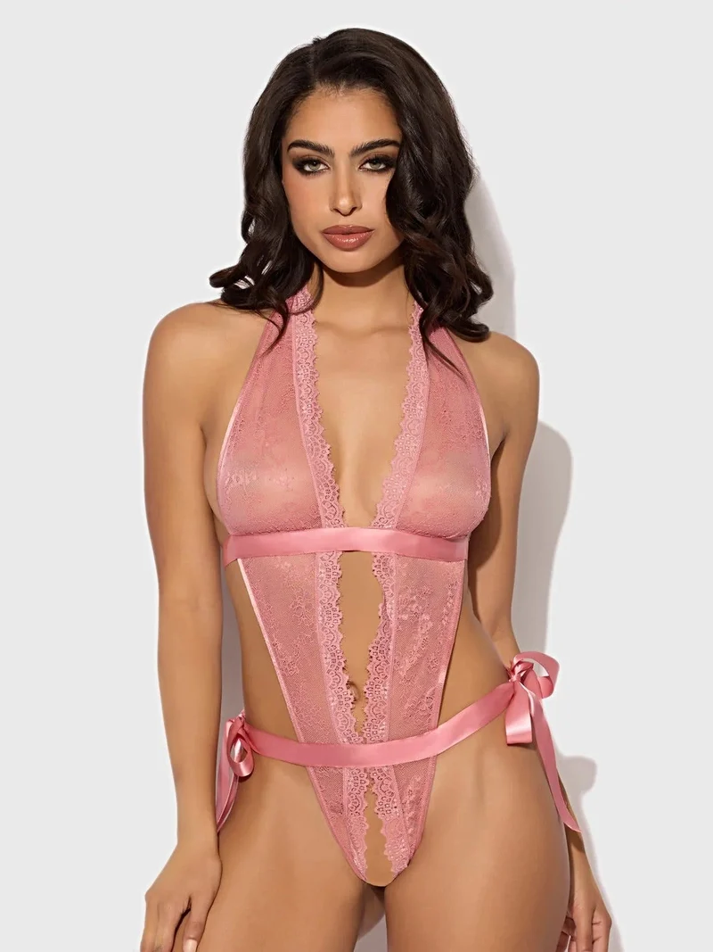 Kiki Spitzenbody mit tiefem Ausschnitt, Satin-Schnürdetails und hohem Beinausschnitt