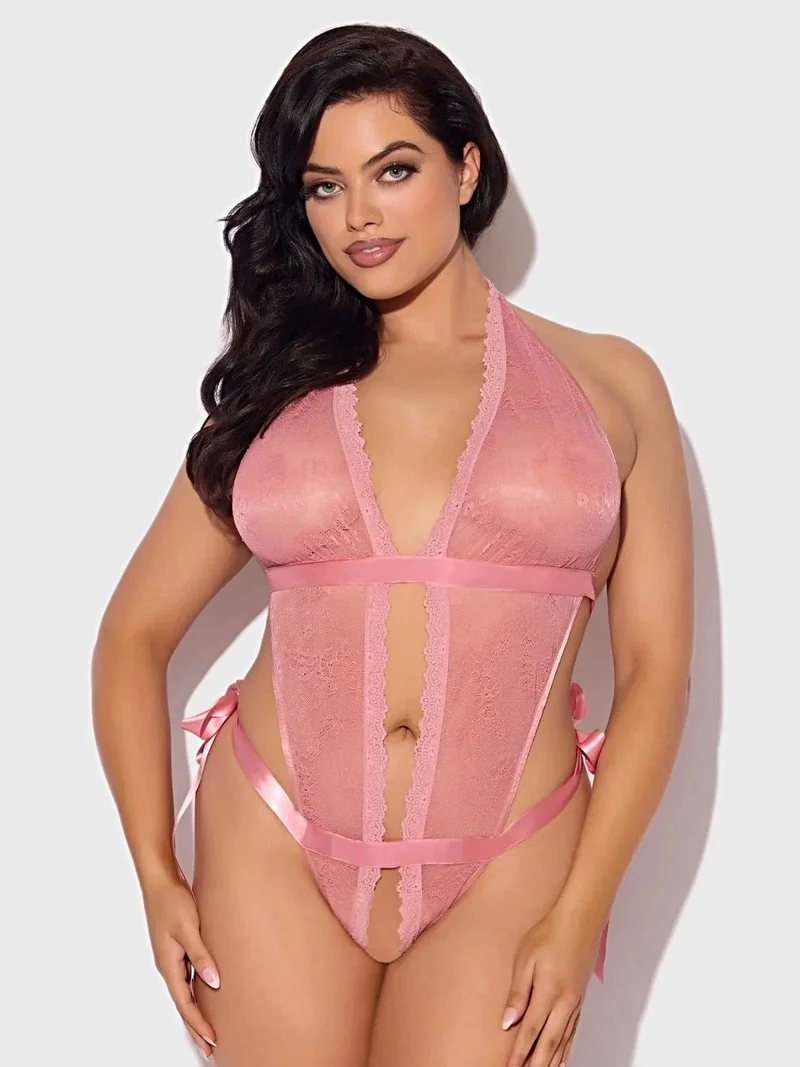 Kiki Spitzenbody mit tiefem Ausschnitt, Satin-Schnürdetails und hohem Beinausschnitt