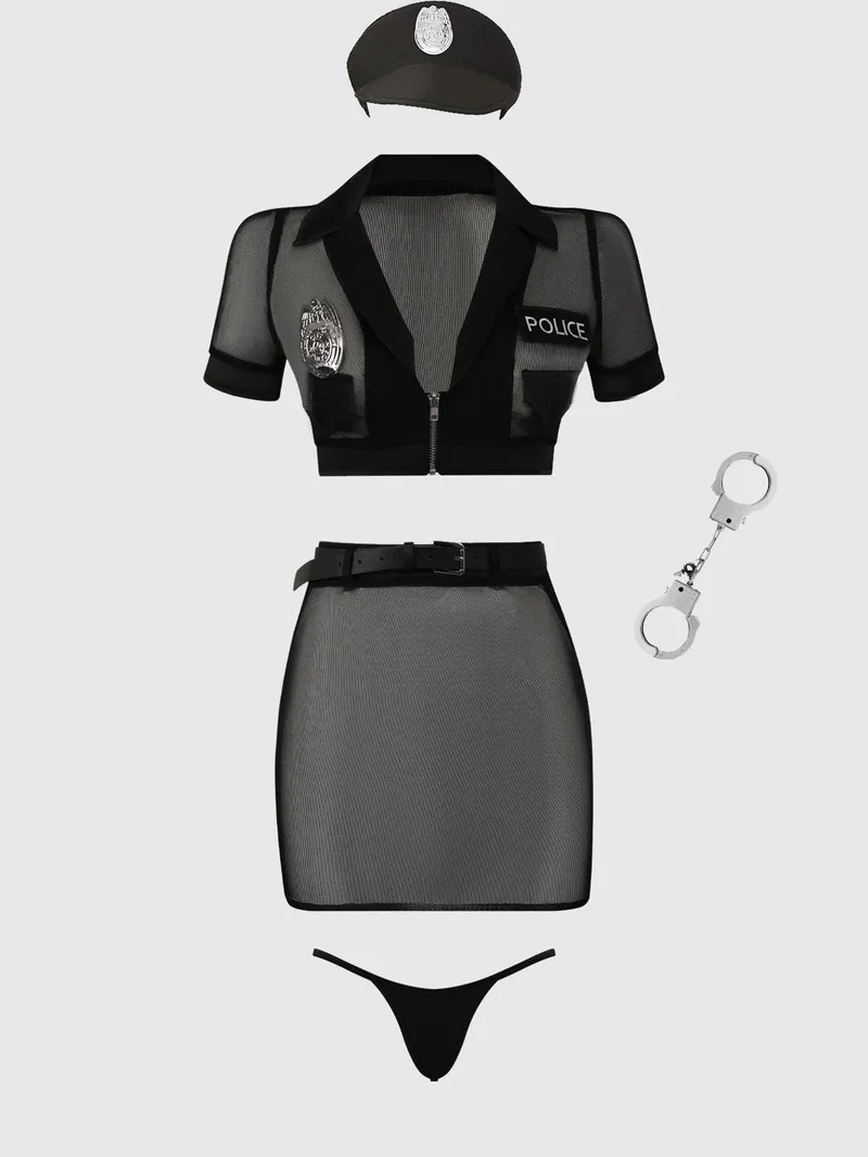 Sexy Polizei-Kostüm-Set: Netz-Crop-Top, rückenfreier Rock, G-String-Höschen und Manschetten
