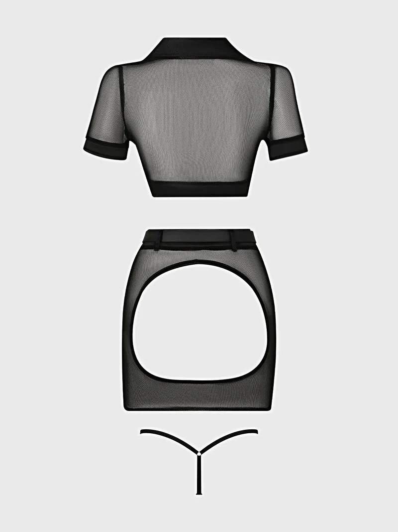 Sexy Polizei-Kostüm-Set: Netz-Crop-Top, rückenfreier Rock, G-String-Höschen und Manschetten