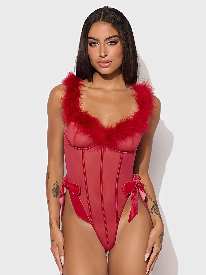 Marilyn Marabou Teddy-Dessous: Transparenter Mesh-Demi-Cup mit Satinschleifen-Akzenten