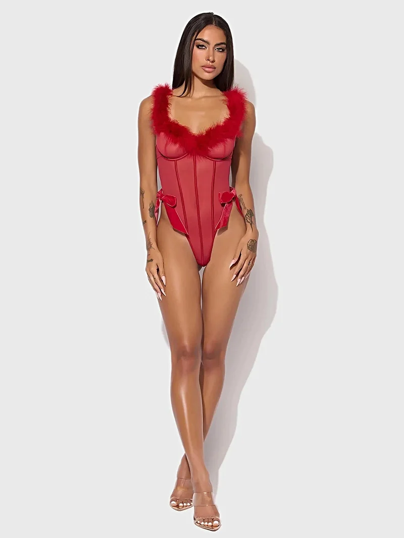 Marilyn Marabou Teddy-Dessous: Transparenter Mesh-Demi-Cup mit Satinschleifen-Akzenten