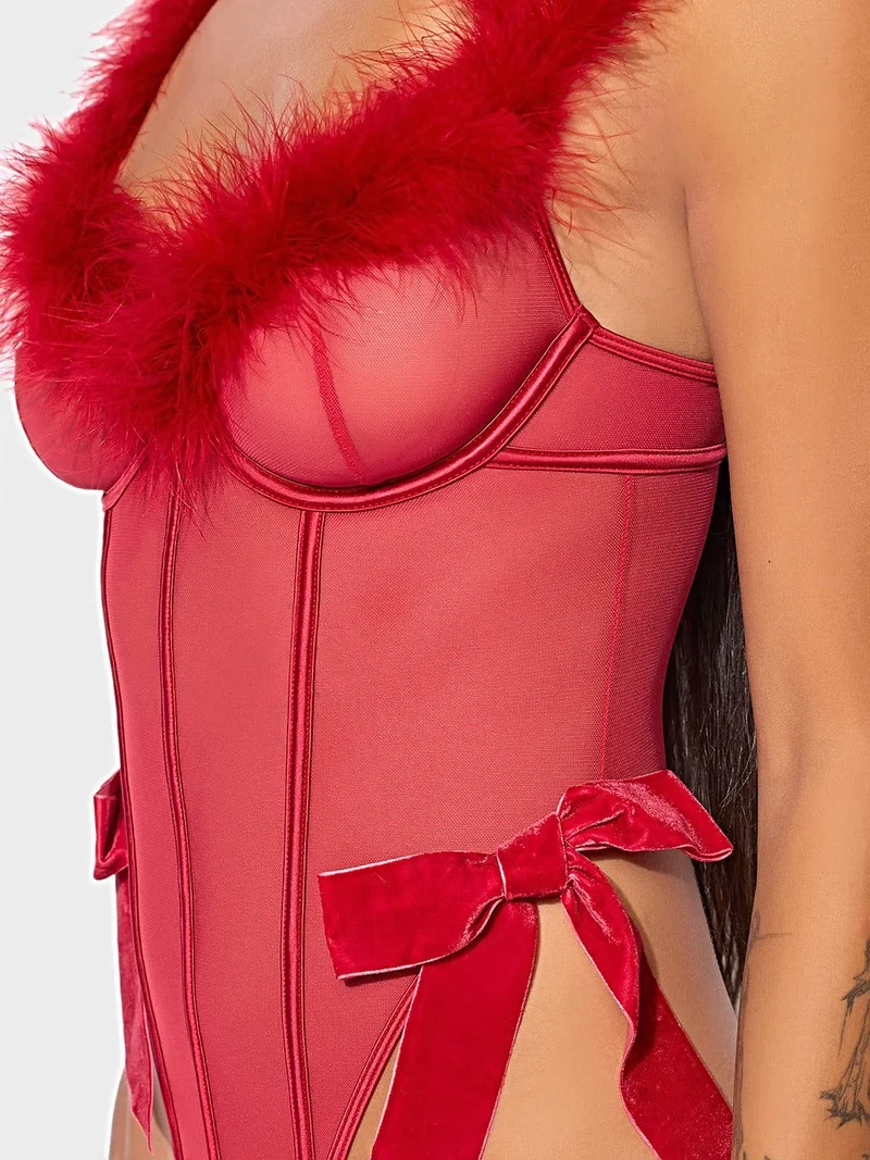 Marilyn Marabou Teddy-Dessous: Transparenter Mesh-Demi-Cup mit Satinschleifen-Akzenten