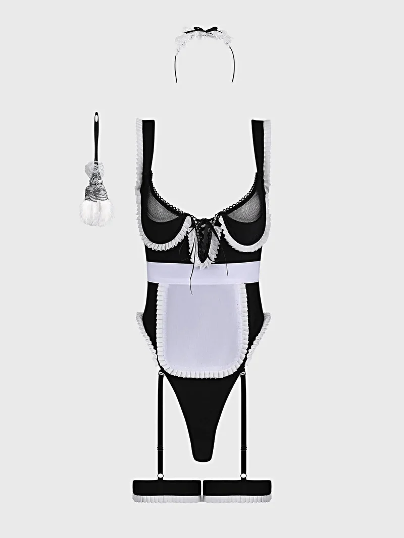 Luxuriöses, sexy Dienstmädchenkostüm mit Stretch-Teddy, Schürze, Kopfbedeckung und Staubmantel-Accessoires