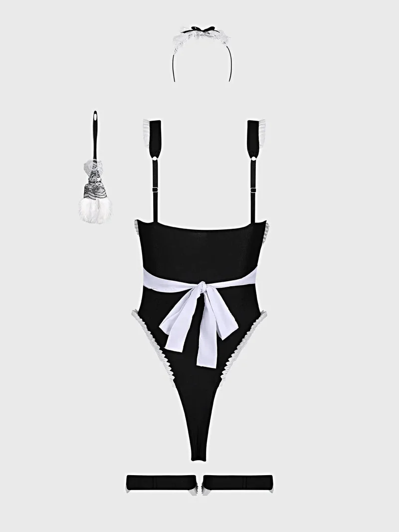 Luxuriöses, sexy Dienstmädchenkostüm mit Stretch-Teddy, Schürze, Kopfbedeckung und Staubmantel-Accessoires