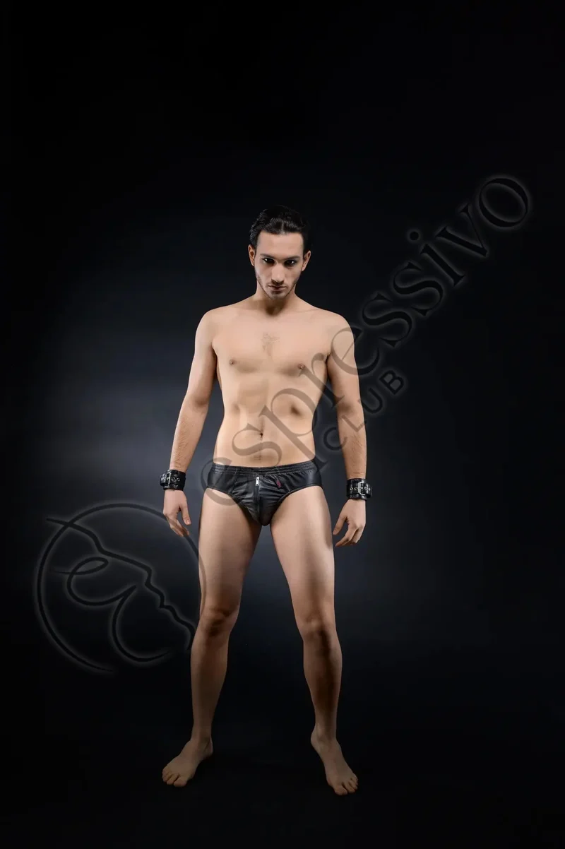 Real leather mens briefs with front zipper