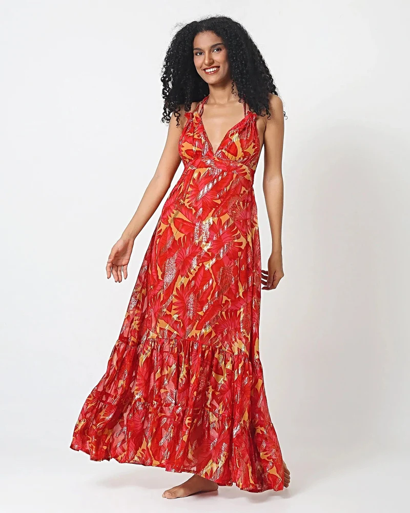Elegantes Maxikleid mit rotem und gelbem Palmenmuster – 100 % Viskose, tropische Resortmode
