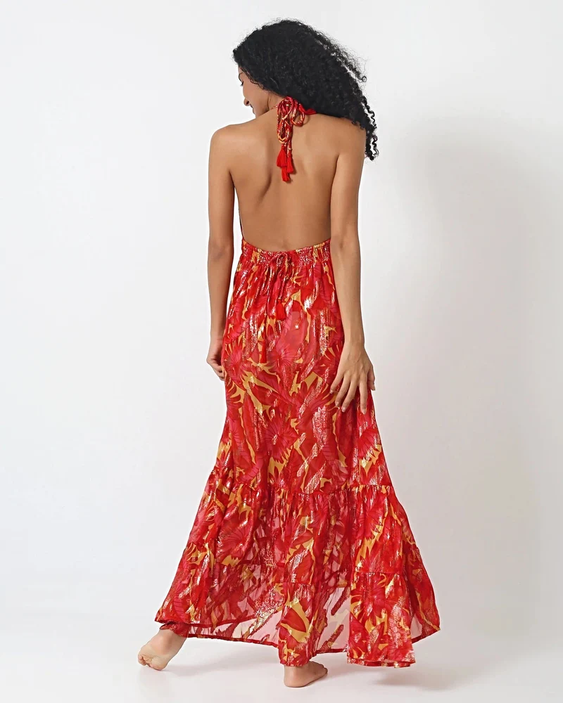 Elegantes Maxikleid mit rotem und gelbem Palmenmuster – 100 % Viskose, tropische Resortmode
