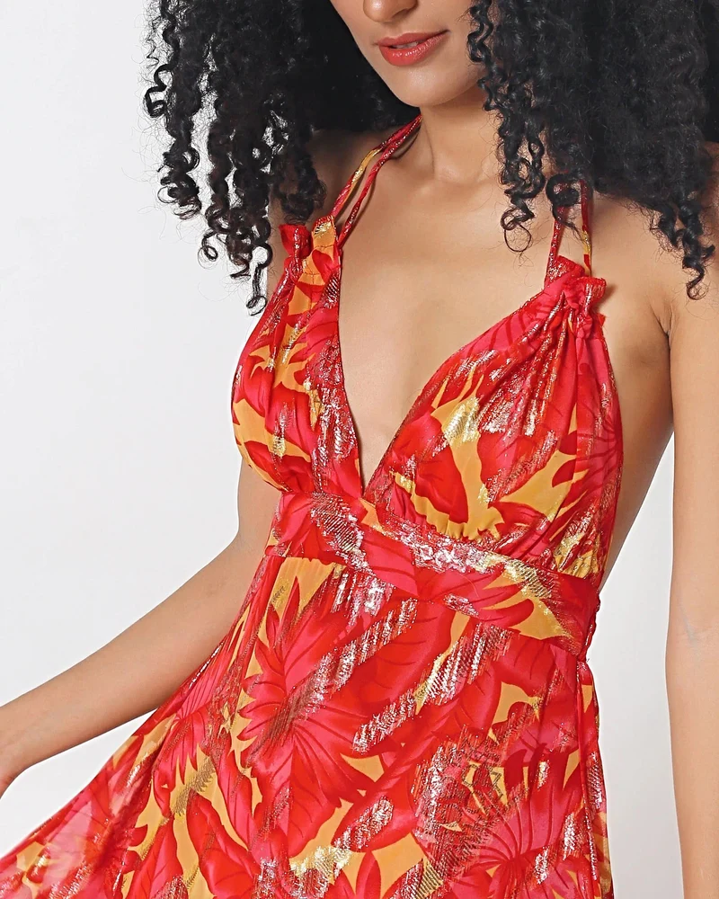 Elegantes Maxikleid mit rotem und gelbem Palmenmuster – 100 % Viskose, tropische Resortmode