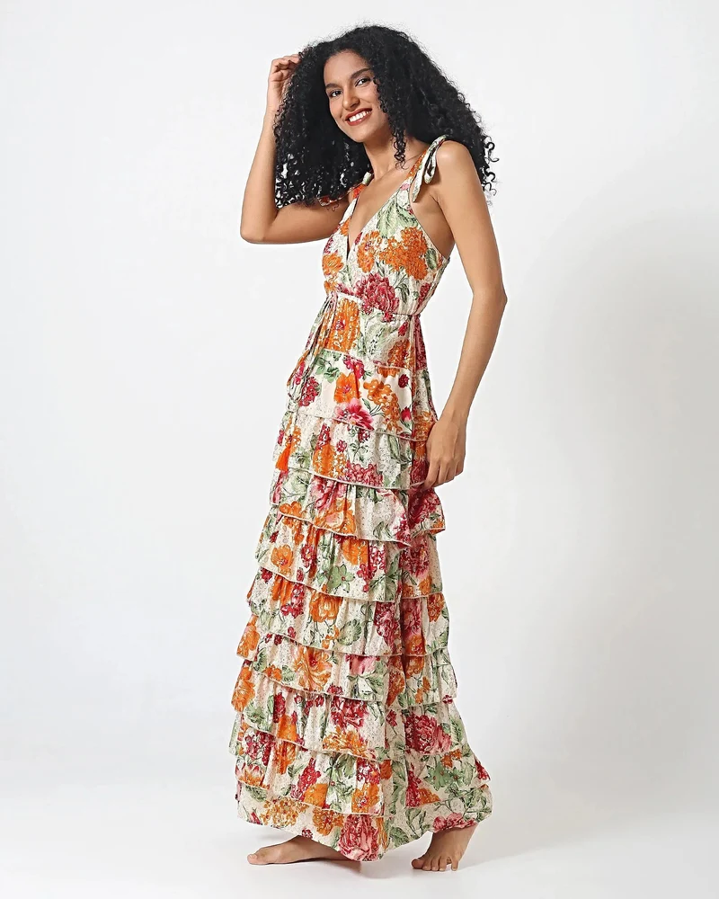Ithaca Maxikleid mit Blumenmuster – Stufenkleid im Boho-Stil aus 100 % Viskose für Damen, Sommerkleid