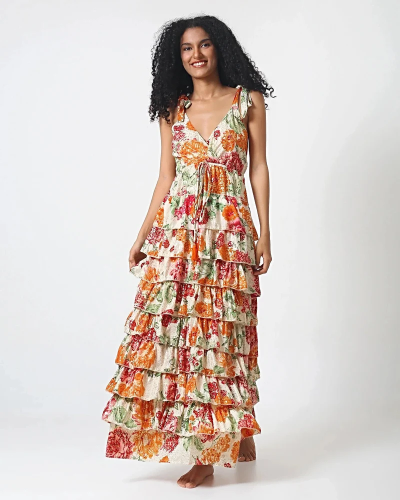 Ithaca Maxikleid mit Blumenmuster – Stufenkleid im Boho-Stil aus 100 % Viskose für Damen, Sommerkleid