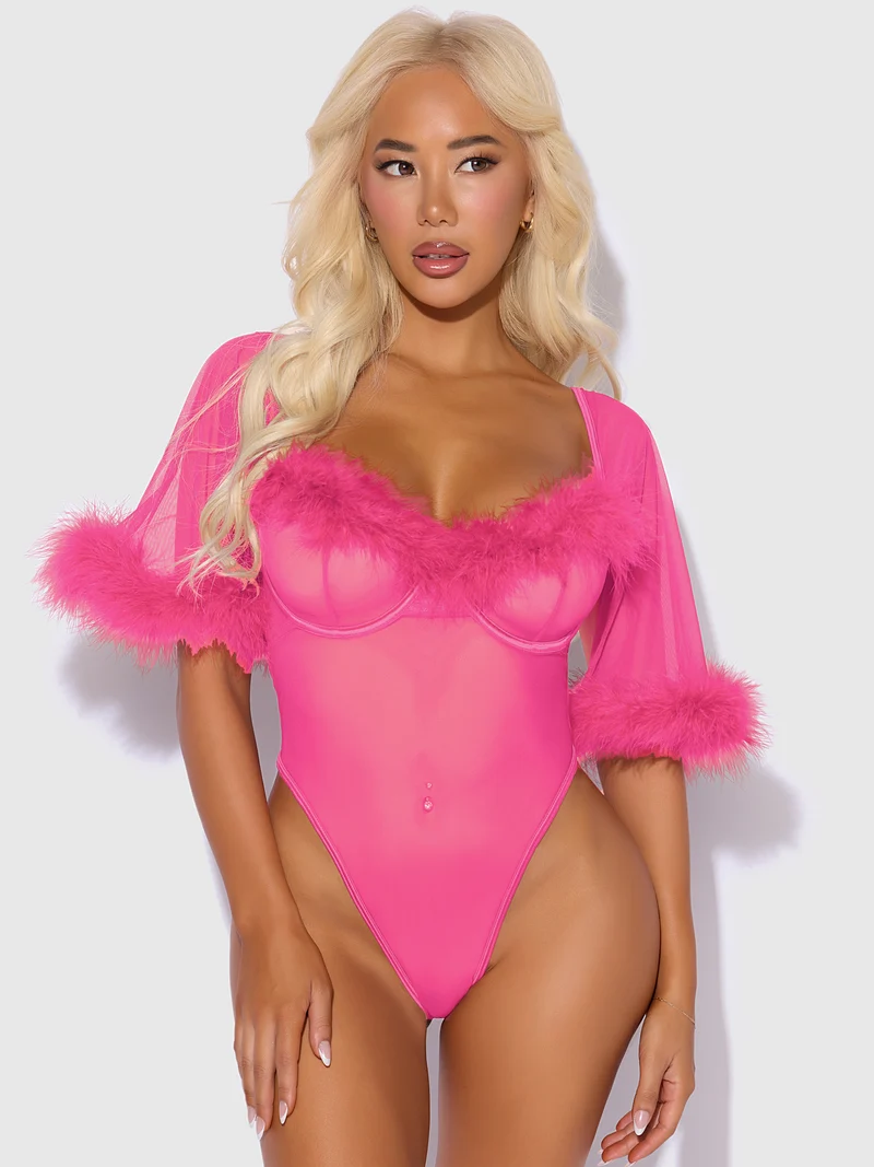 Marilyn Marabou Body mit transparentem Mesh-Einsatz, Glockenärmeln, Bügel-Cups und String-Tanga