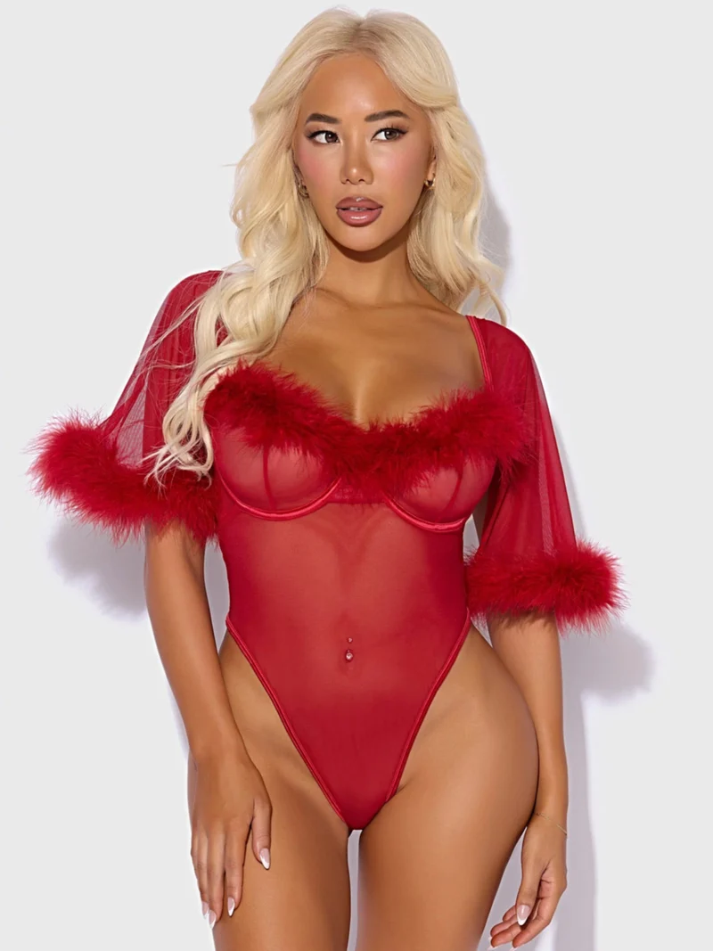 Marilyn Marabou Body mit transparentem Mesh-Einsatz, Glockenärmeln, Bügel-Cups und String-Tanga