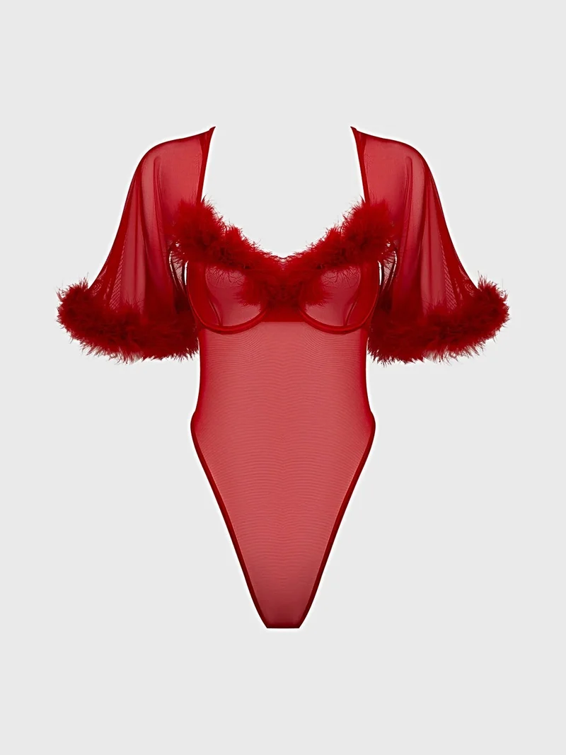 Marilyn Marabou Body mit transparentem Mesh-Einsatz, Glockenärmeln, Bügel-Cups und String-Tanga