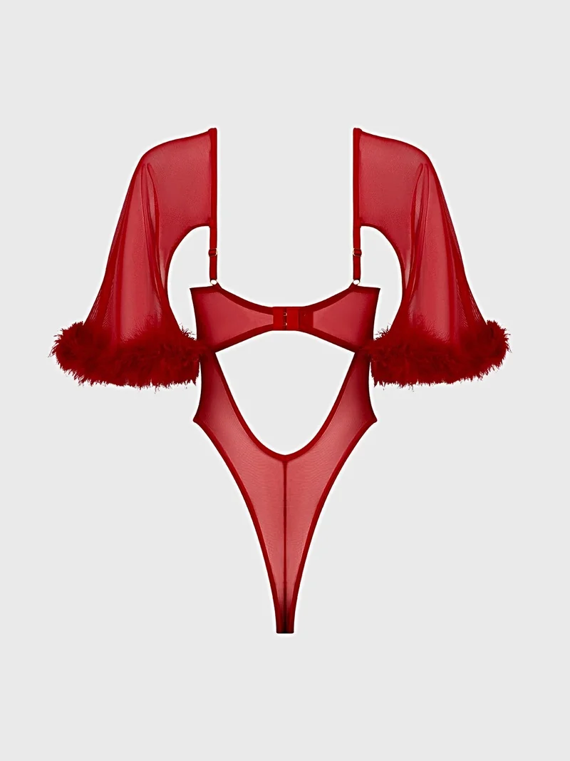 Marilyn Marabou Body mit transparentem Mesh-Einsatz, Glockenärmeln, Bügel-Cups und String-Tanga