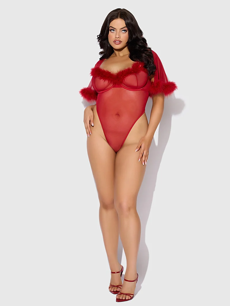 Marilyn Marabou Body mit transparentem Mesh-Einsatz, Glockenärmeln, Bügel-Cups und String-Tanga