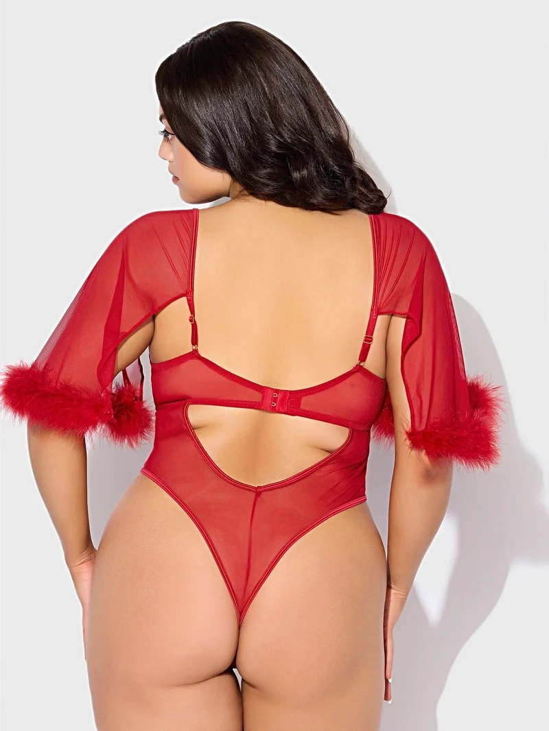 Marilyn Marabou Body mit transparentem Mesh-Einsatz, Glockenärmeln, Bügel-Cups und String-Tanga
