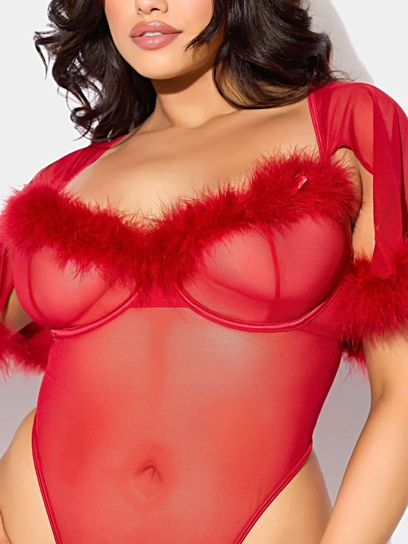 Marilyn Marabou Body mit transparentem Mesh-Einsatz, Glockenärmeln, Bügel-Cups und String-Tanga