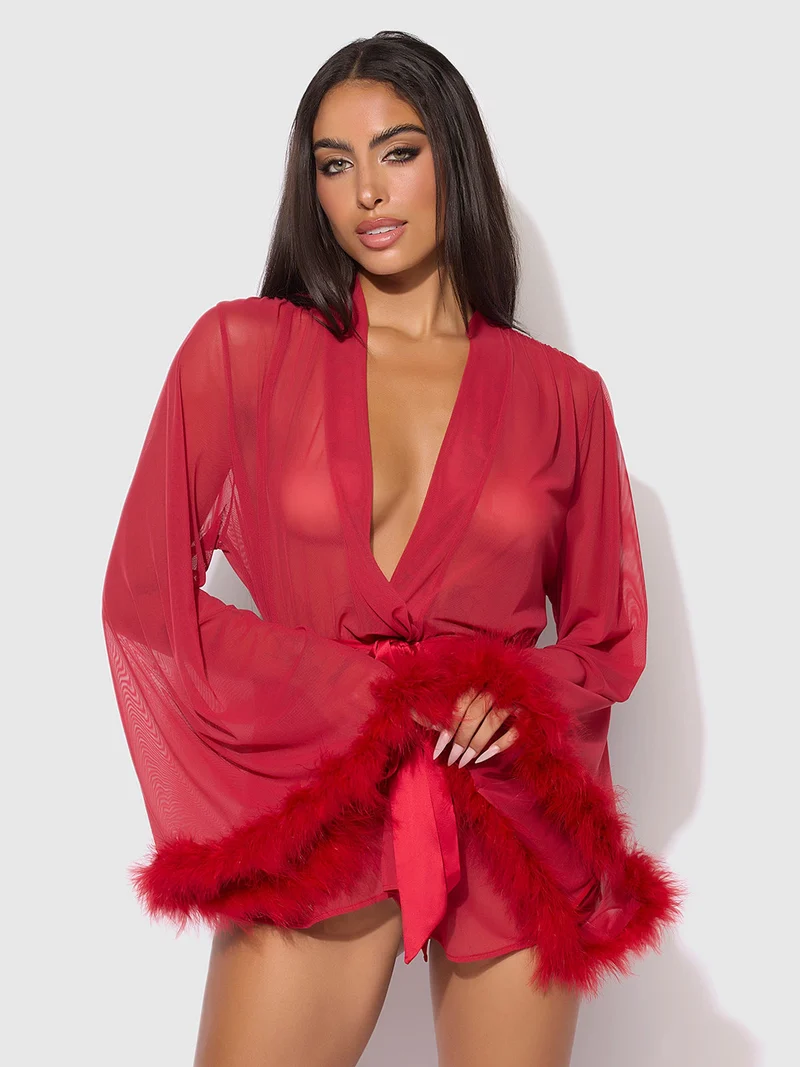 Marilyn Marabou Trim Morgenmantel - Luxuriöser, transparenter Netz-Kurzmantel mit Satin-Bindeverschluss