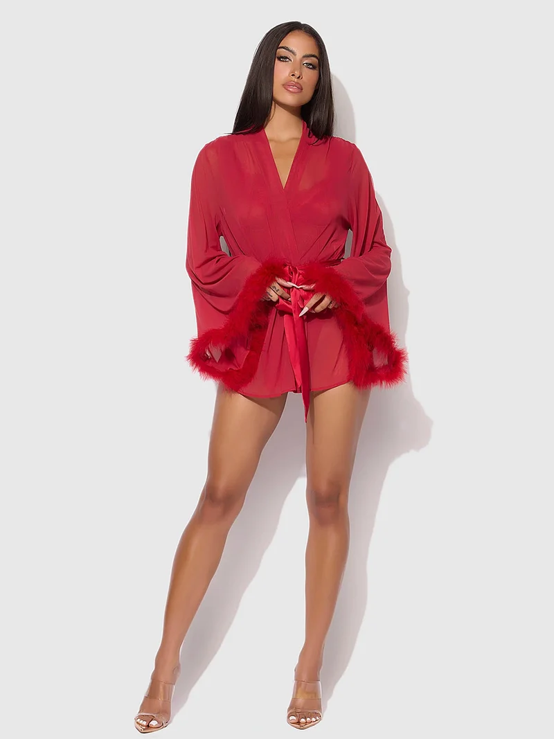 Marilyn Marabou Trim Morgenmantel - Luxuriöser, transparenter Netz-Kurzmantel mit Satin-Bindeverschluss