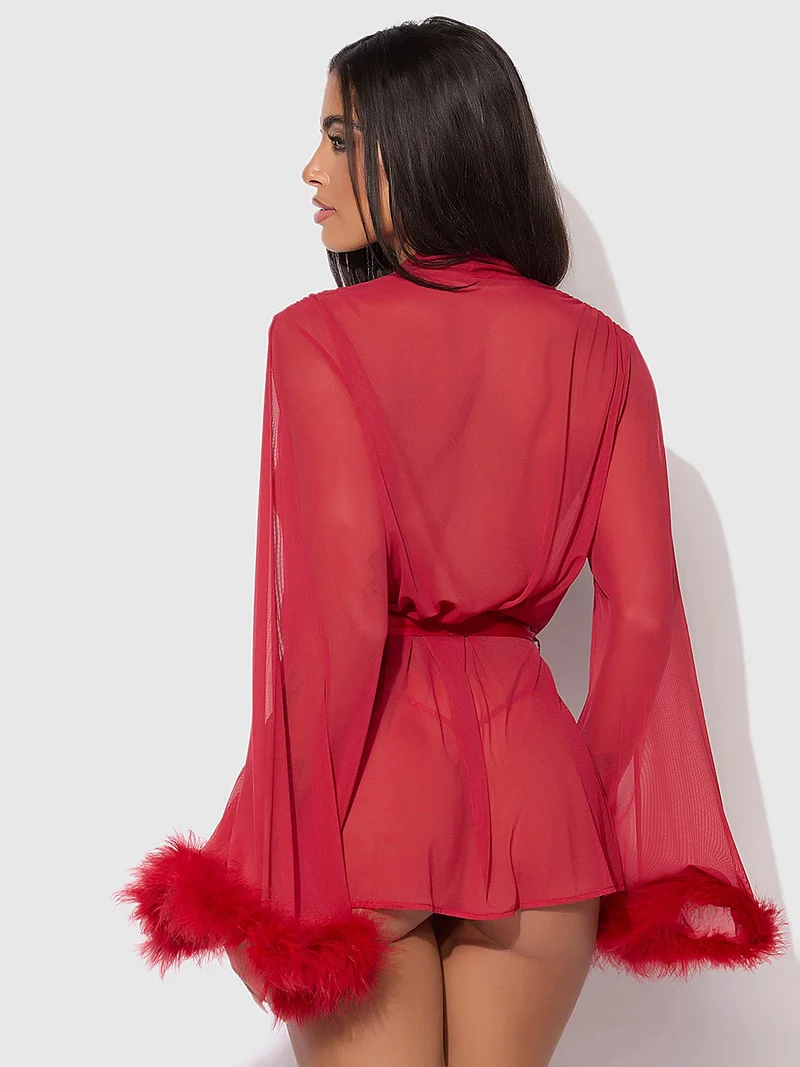 Marilyn Marabou Trim Morgenmantel - Luxuriöser, transparenter Netz-Kurzmantel mit Satin-Bindeverschluss