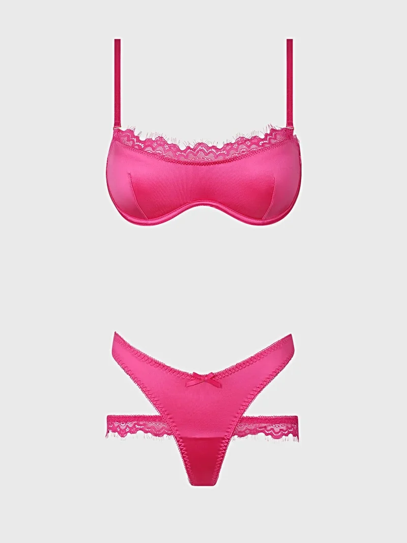 Issadora Oilslick Satin & Lace Push-up-BH-Set, Viertel-Cup-Bügel-BH & Slip mit Riemchen am Rücken