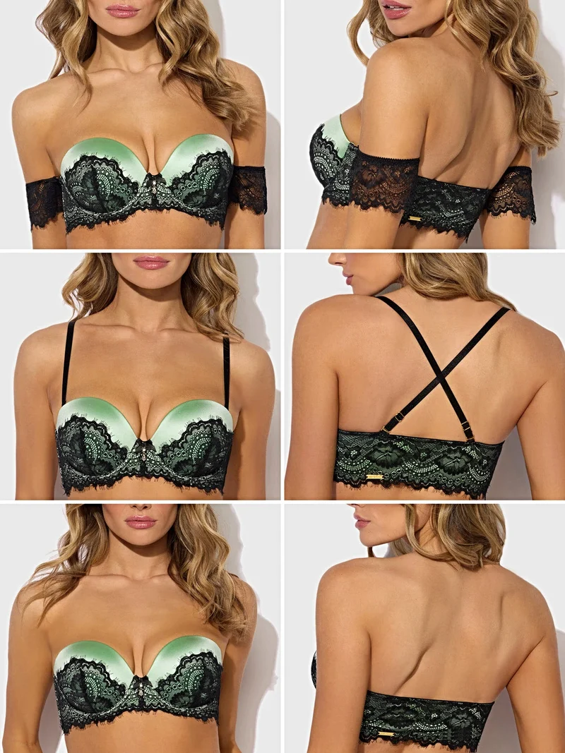 Lara Spitzen- und Flüssigsatin-Trägerloses Push-up-Dessous-Set mit verstellbaren Trägern und Tanga