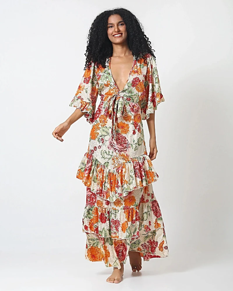Elegantes, gestuftes Blumenkleid von Cabo mit Bindeband vorne und Rückenausschnitt, 100 % Viskose