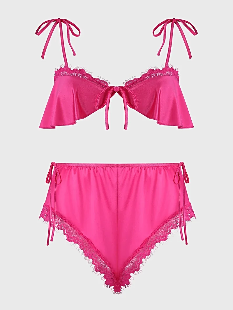 Issadora Oilslick Satin Cami Panty Set mit Spitzenrüsche und abnehmbaren Bändern, 2-teilig