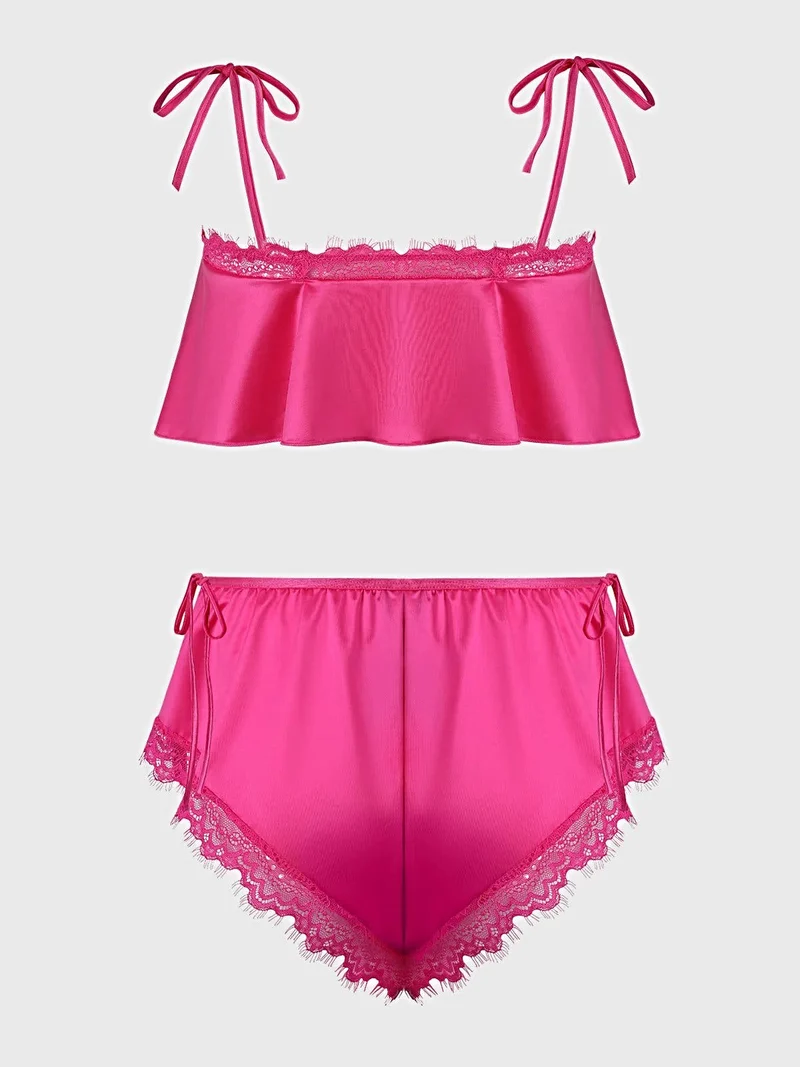 Issadora Oilslick Satin Cami Panty Set mit Spitzenrüsche und abnehmbaren Bändern, 2-teilig